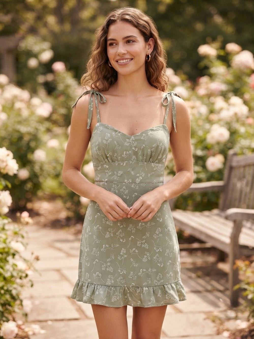 NWT Abercrombie & Fitch Green Floral Mini Dress Size S Tie Straps Ruffle Hem